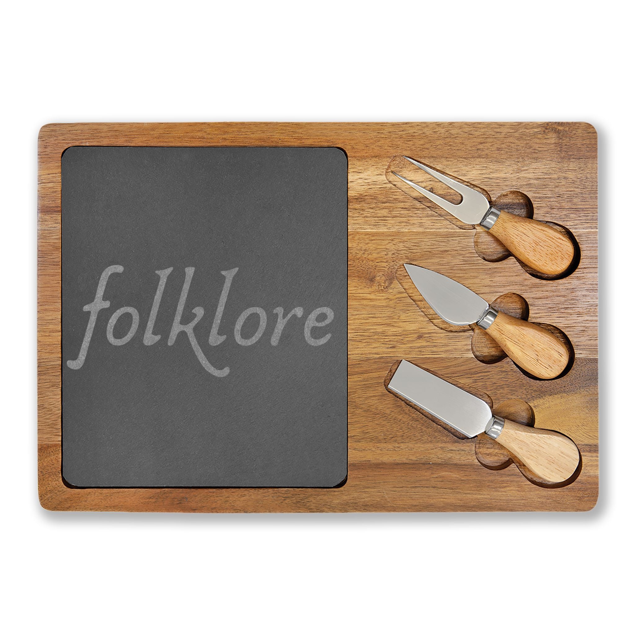 Folklore Engraved Essential Acacia Charcuterie Board with Slate Insert & 3 Cheese Knives