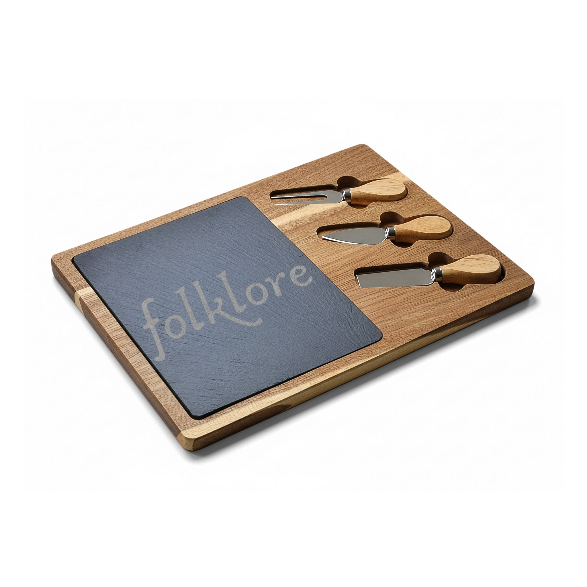 Folklore Engraved Essential Acacia Charcuterie Board with Slate Insert & 3 Cheese Knives