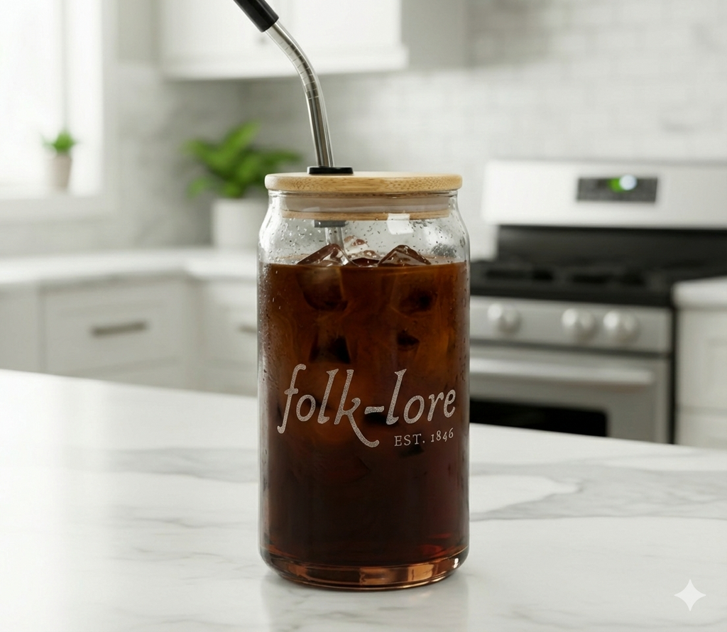 Folk-Lore Est. 1846 Engraved Glass Tumbler — Limited Edition 16oz Jar with Lid & Straw
