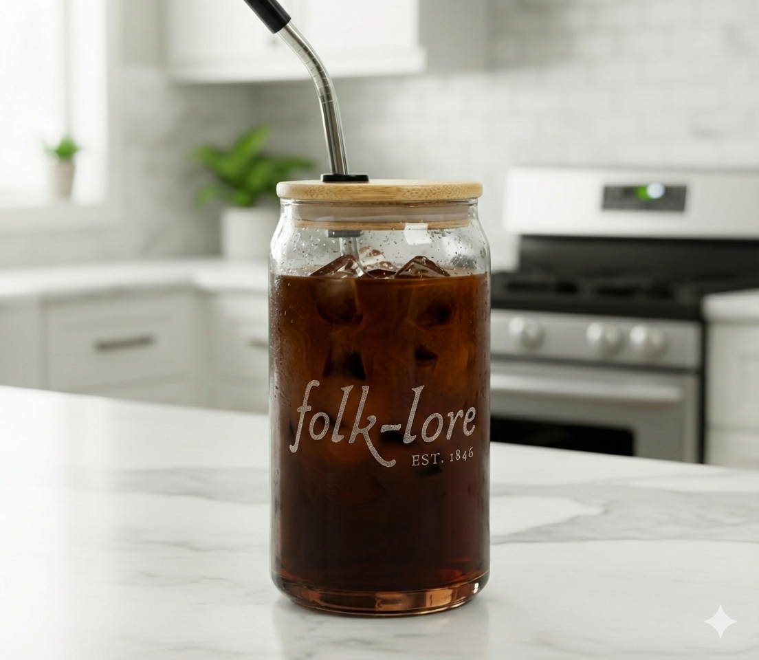 Folk-Lore Est. 1846 Engraved Glass Tumbler — Limited Edition 16oz Jar with Lid & Straw