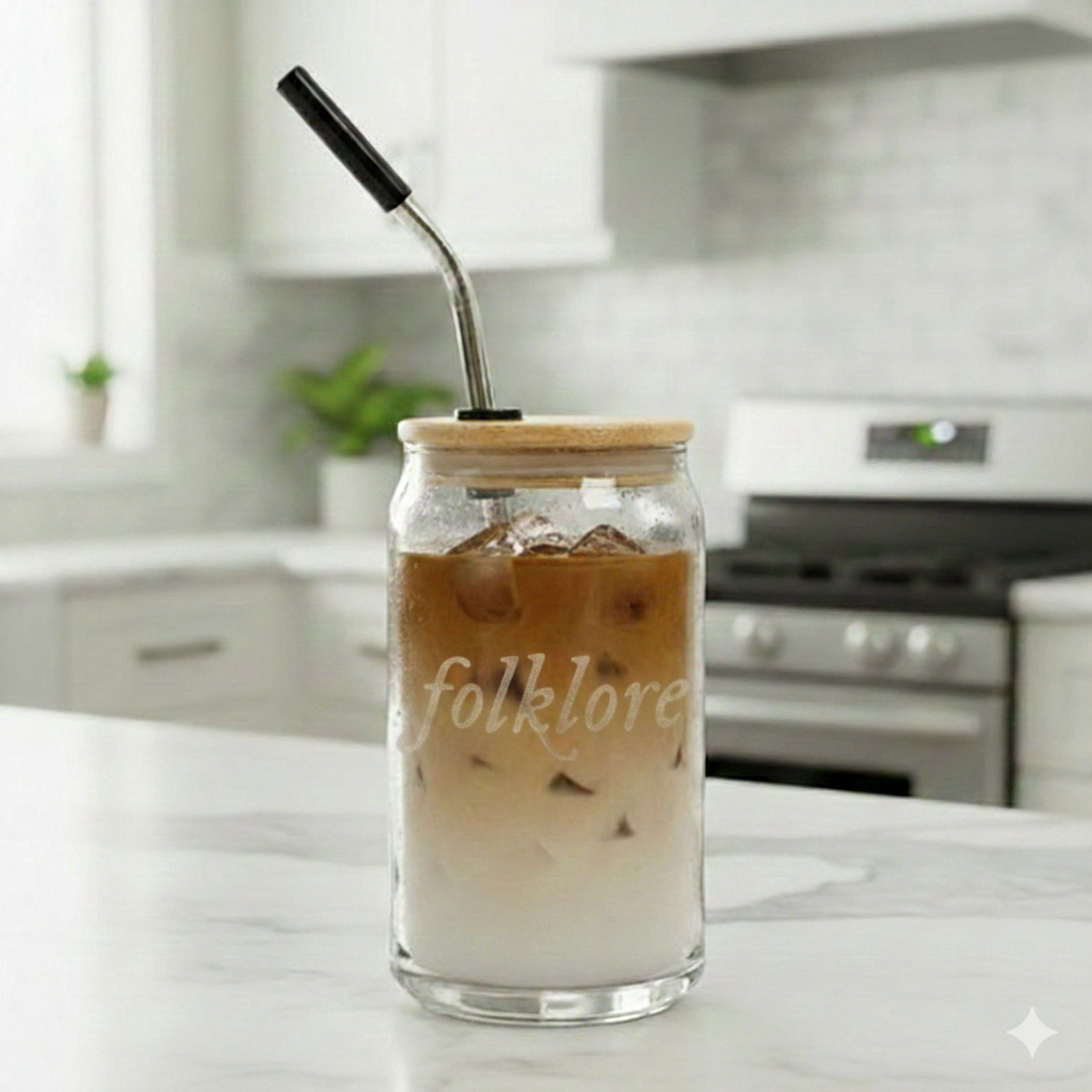 Folklore Engraved Glass Tumbler — Essential 16oz Jar with Lid & Straw