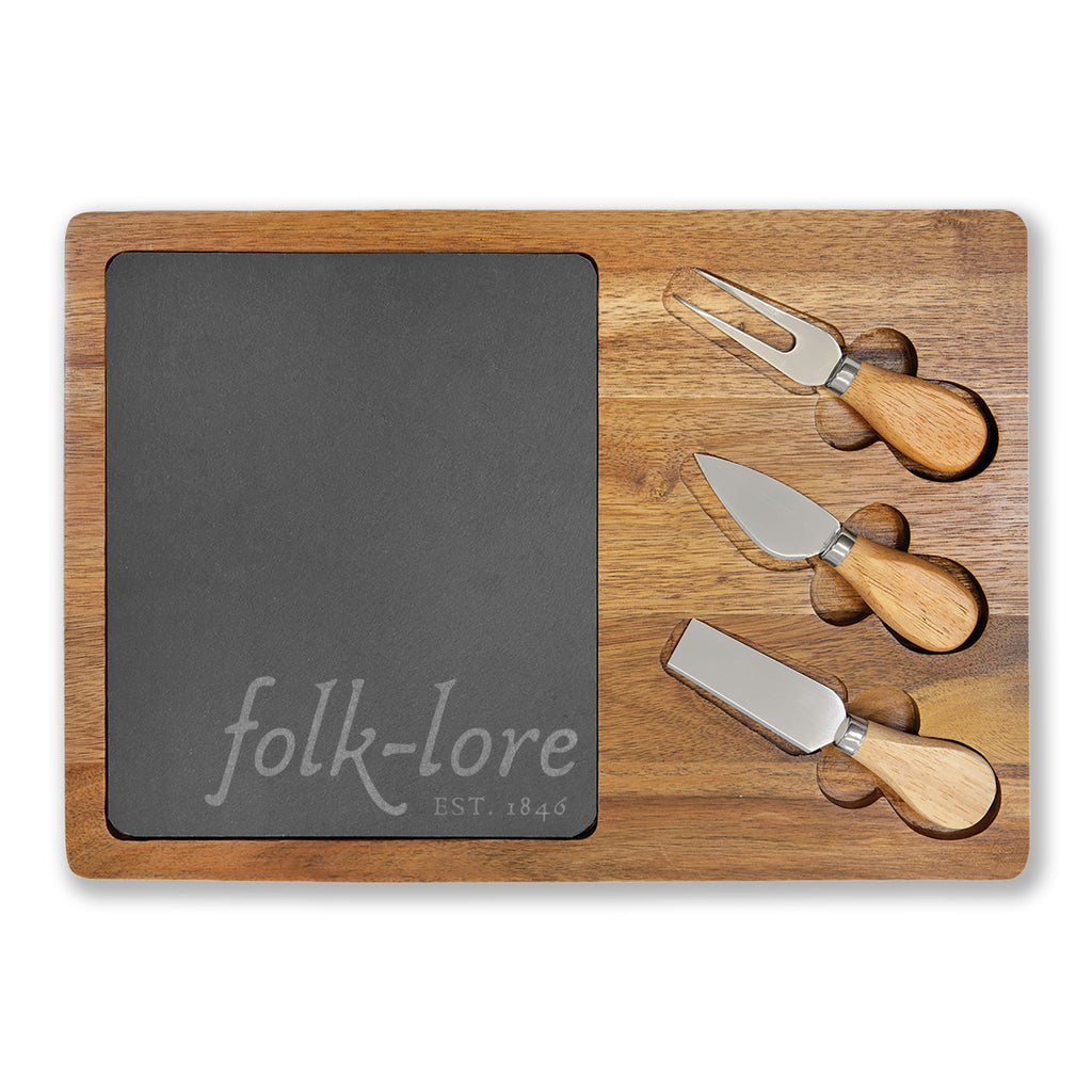 Folk-Lore Est. 1846 Engraved Limited Edition Acacia Charcuterie Board with Slate Insert & 3 Cheese Knives