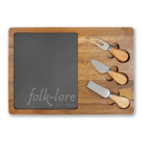 Folk-Lore Est. 1846 Engraved Limited Edition Acacia Charcuterie Board with Slate Insert & 3 Cheese Knives